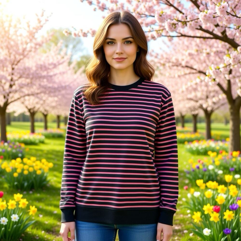 Y2K H&M Women L Striped Knit Sweater Black Pink Long Sleeve Pullover Preppy Cozy
